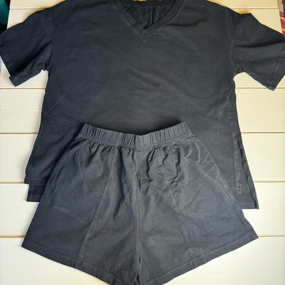 Black V-Neck T-Shirt and Shorts Cotton Knit 2 piece Set